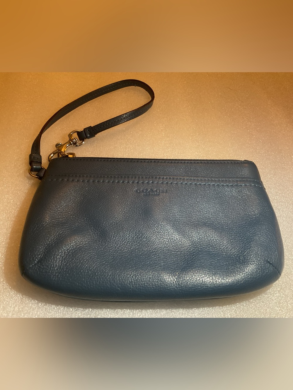COACH Midnight Navy Leather Wristlet Large Soft Pebbled Leather Quiet Luxury